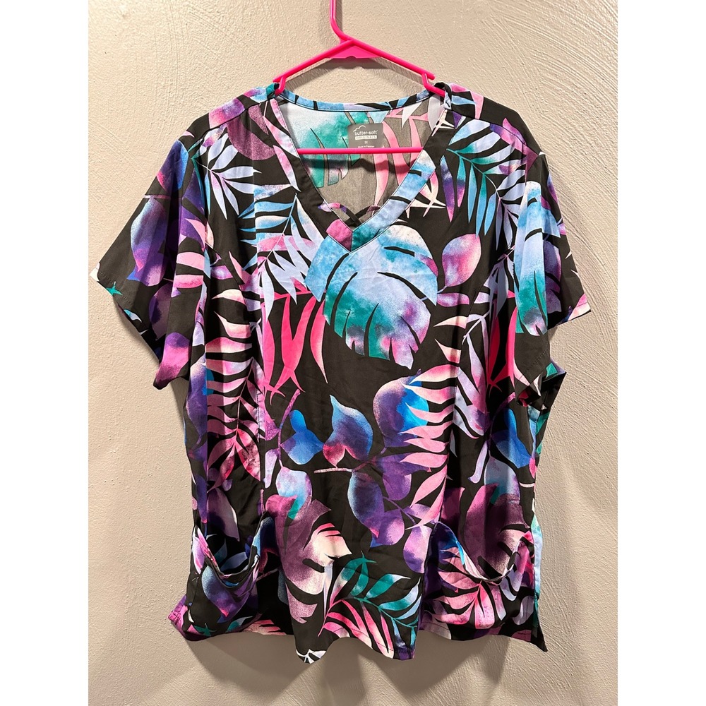 Butter-Soft Originals Tropical Palm Print Scrub Top V-Neck 2X Black Multi